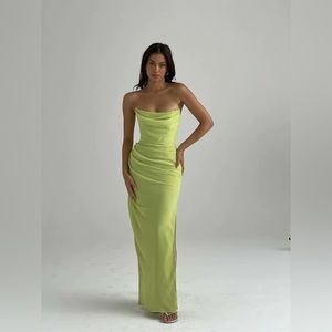 House of CB Adrienne Satin Strapless Gown Maxi Dress Lime Green